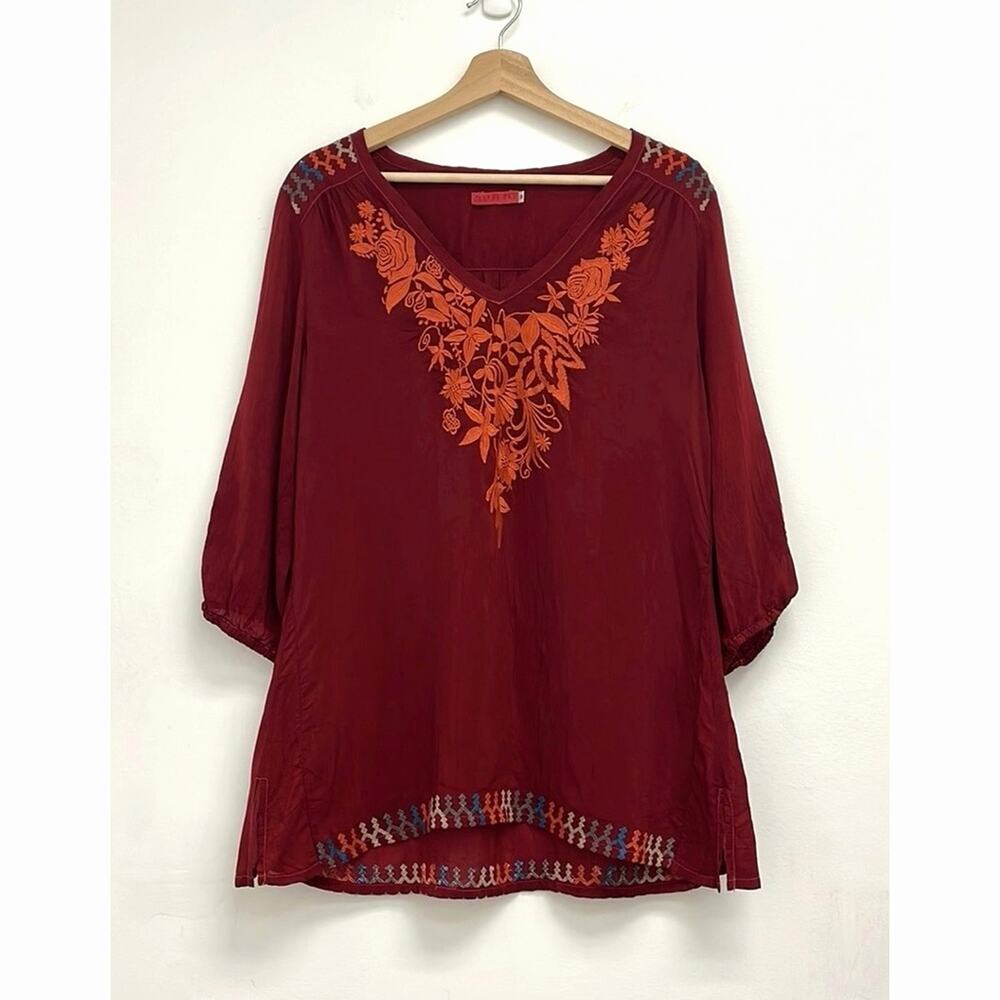 Johnny Was Floral Embroidered Colorful Lightweight Boho Bohemian Tunic Top Small